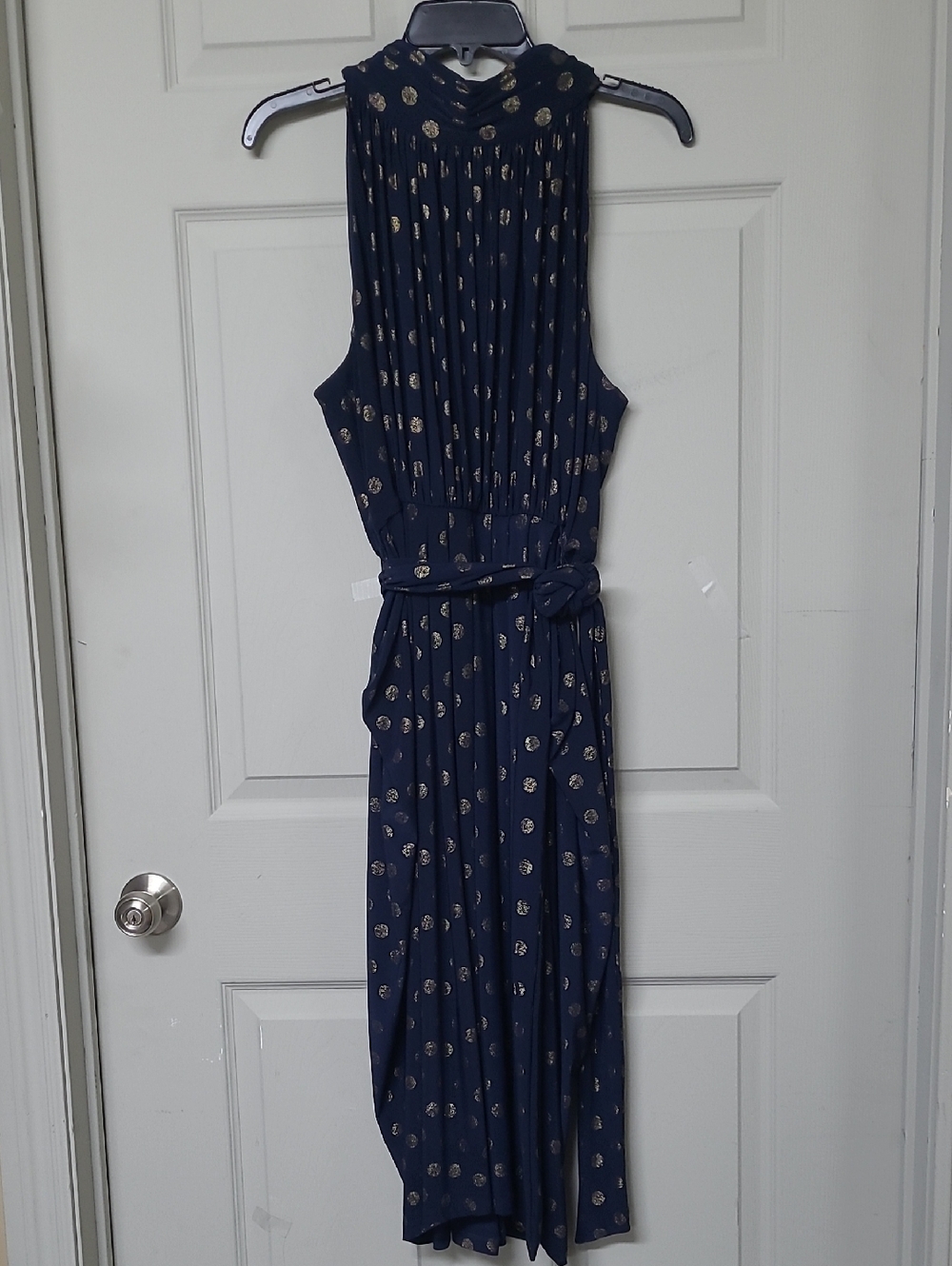 Tommy Hilfiger Navy Halter Dress Gold Dot Print Zip Back Draping Skirt Belted 14